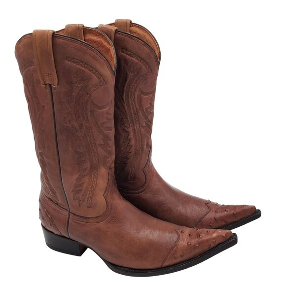 Cowboy Boots 8M Brown Ostrich Pointed Toe Leather Cowboy Western Black Rooster - Picture 5 of 16